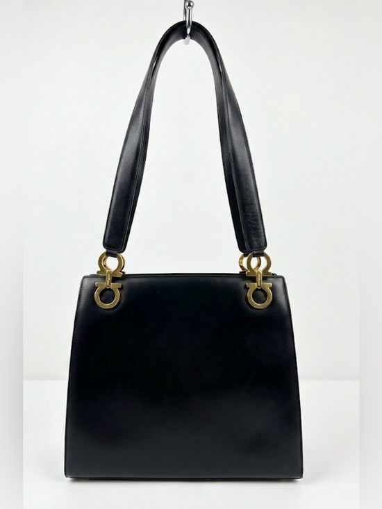 Salvatore Ferragamo Handbags - Ferragamo Gancini Black Leather Tote Purse Gold Large 2 Handle Structured Y2K
